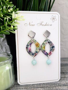 ❤️ Handmade Polymer Clay Earrings – Colorful Marble + Aqua Gemstone Dangles ❤️